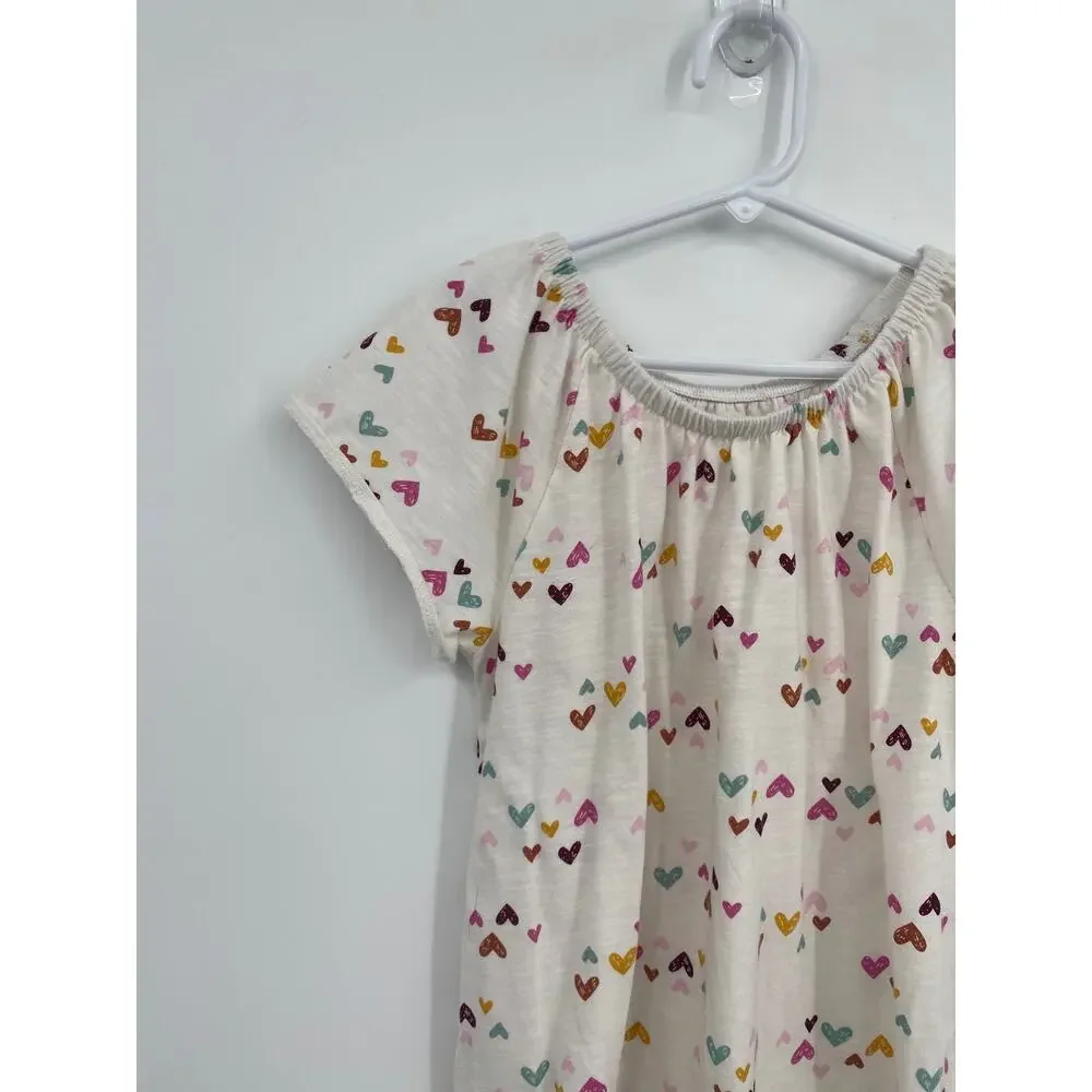 Cat & Jack Cream Heart Print Shirt Tunic Loose Cap Sleeve M 7/8 Girls